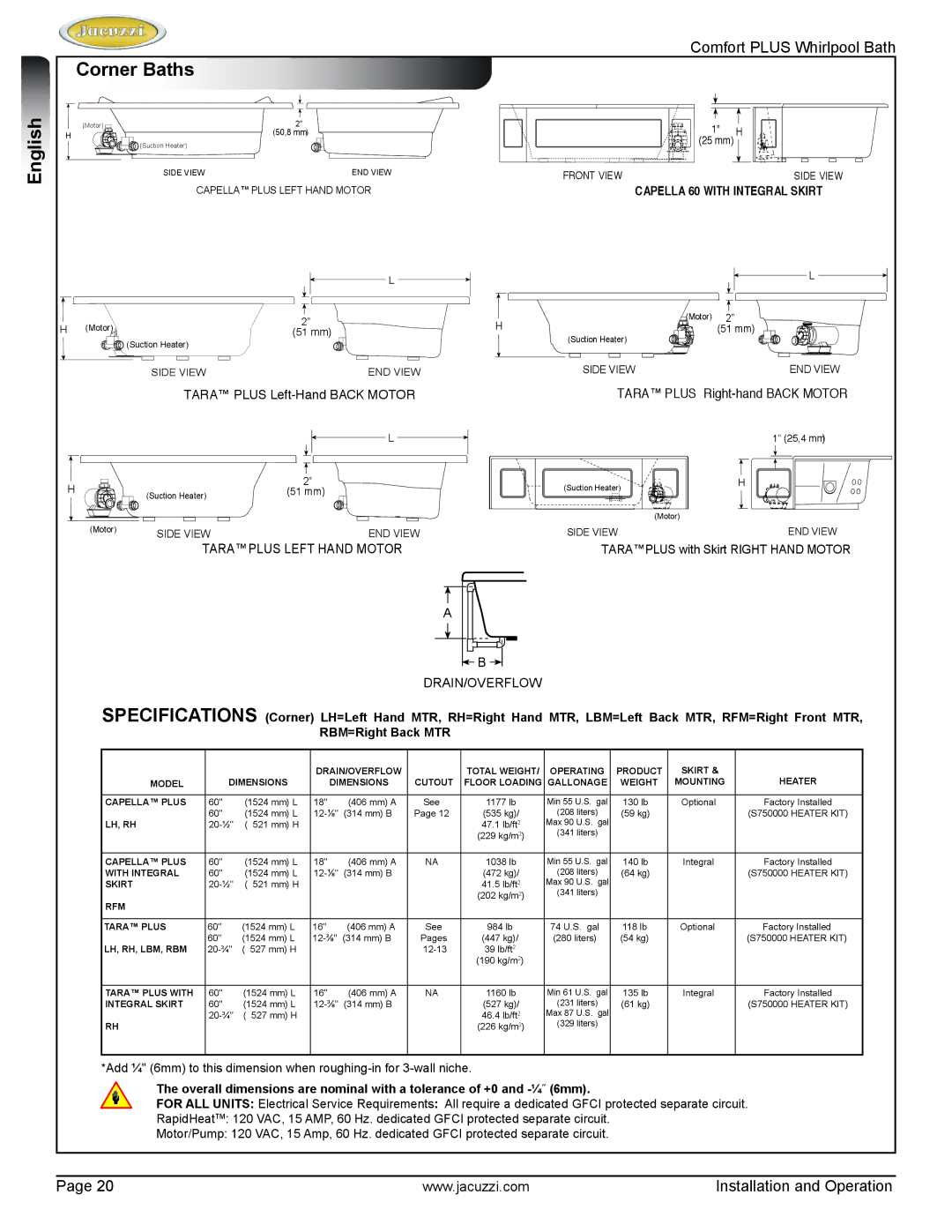 Jacuzzi HE96000 manual Corner Baths English, Taraplus Left Hand Motor 