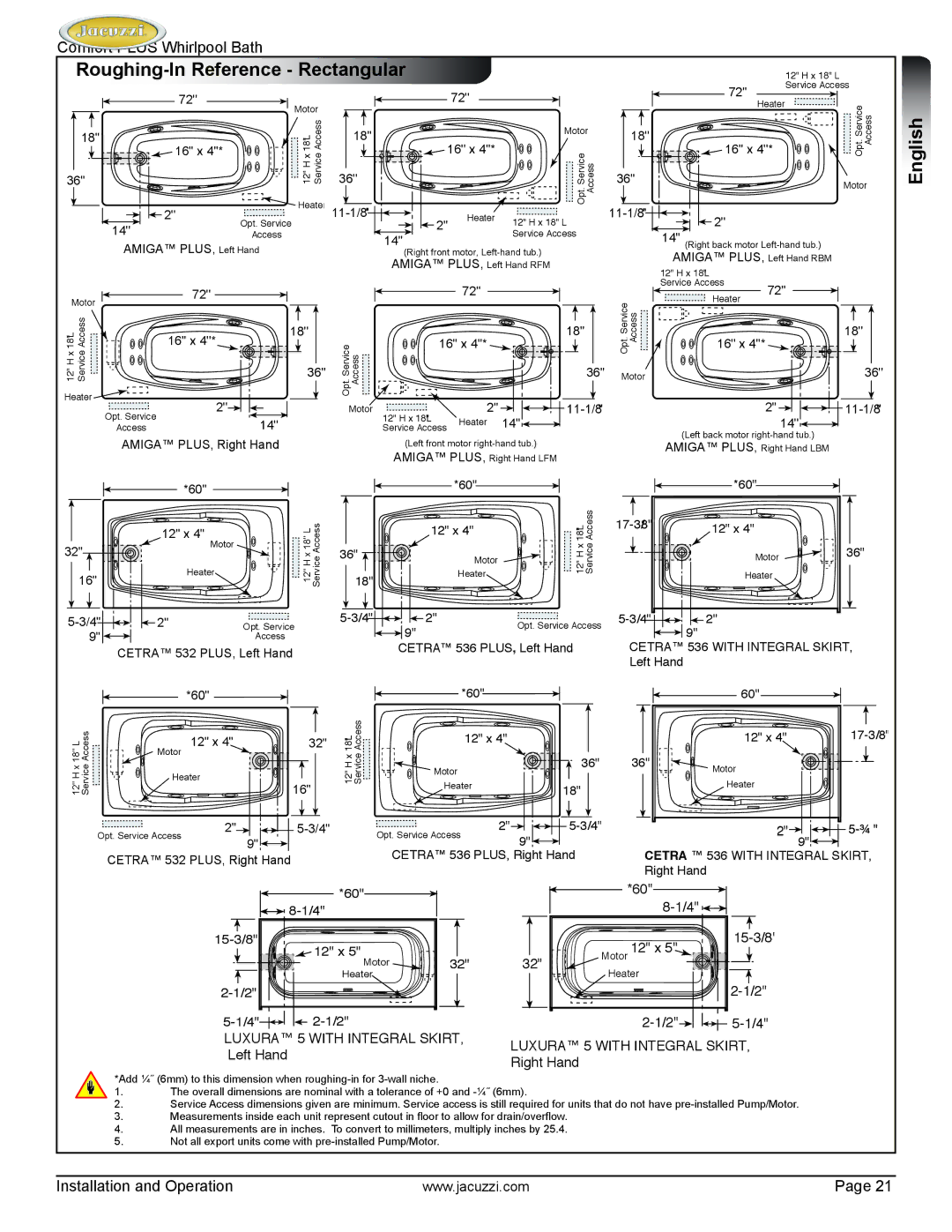 Jacuzzi HE96000 manual Roughing-In Reference Rectangular, 11-1/8 