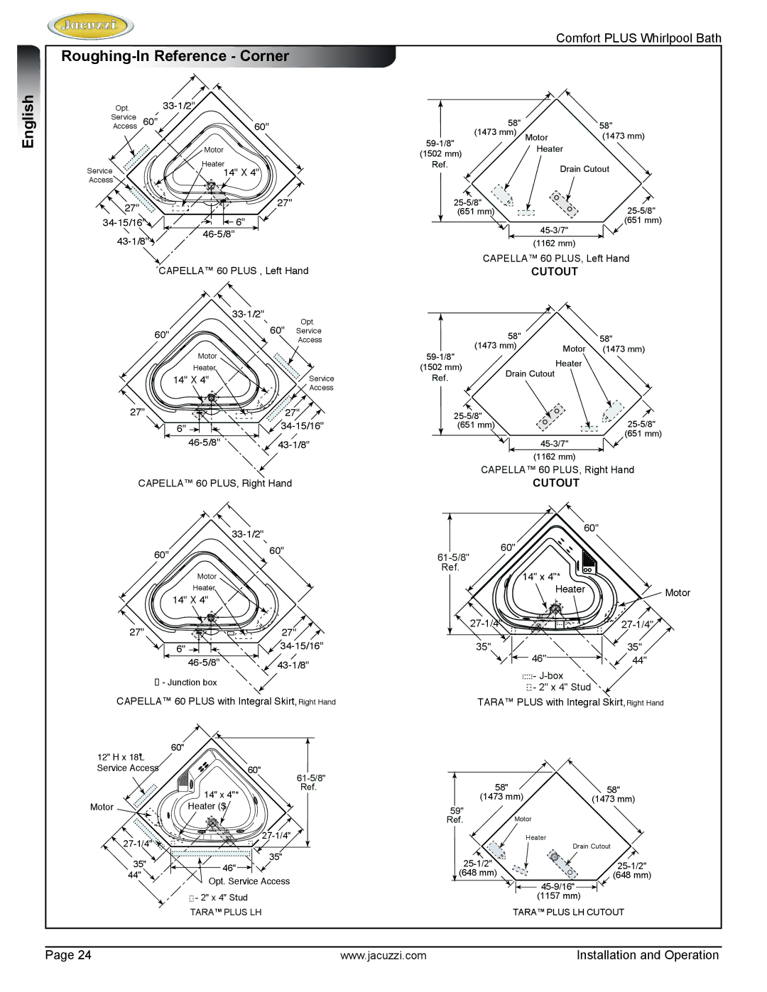 Jacuzzi HE96000 manual Roughing-In Reference Corner English, Cutout 