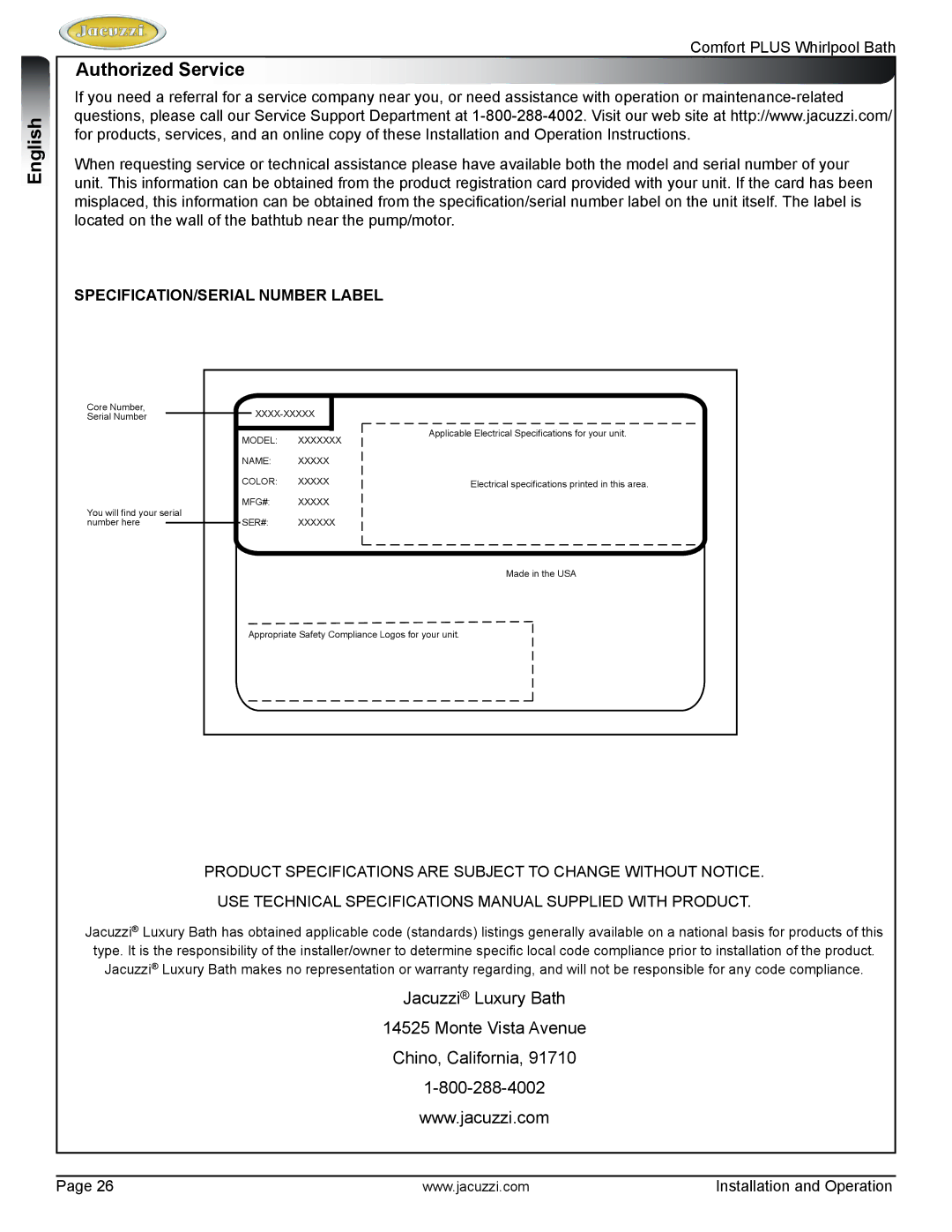 Jacuzzi HE96000 manual Authorized Service, SPECIFICATION/SERIAL Number Label 