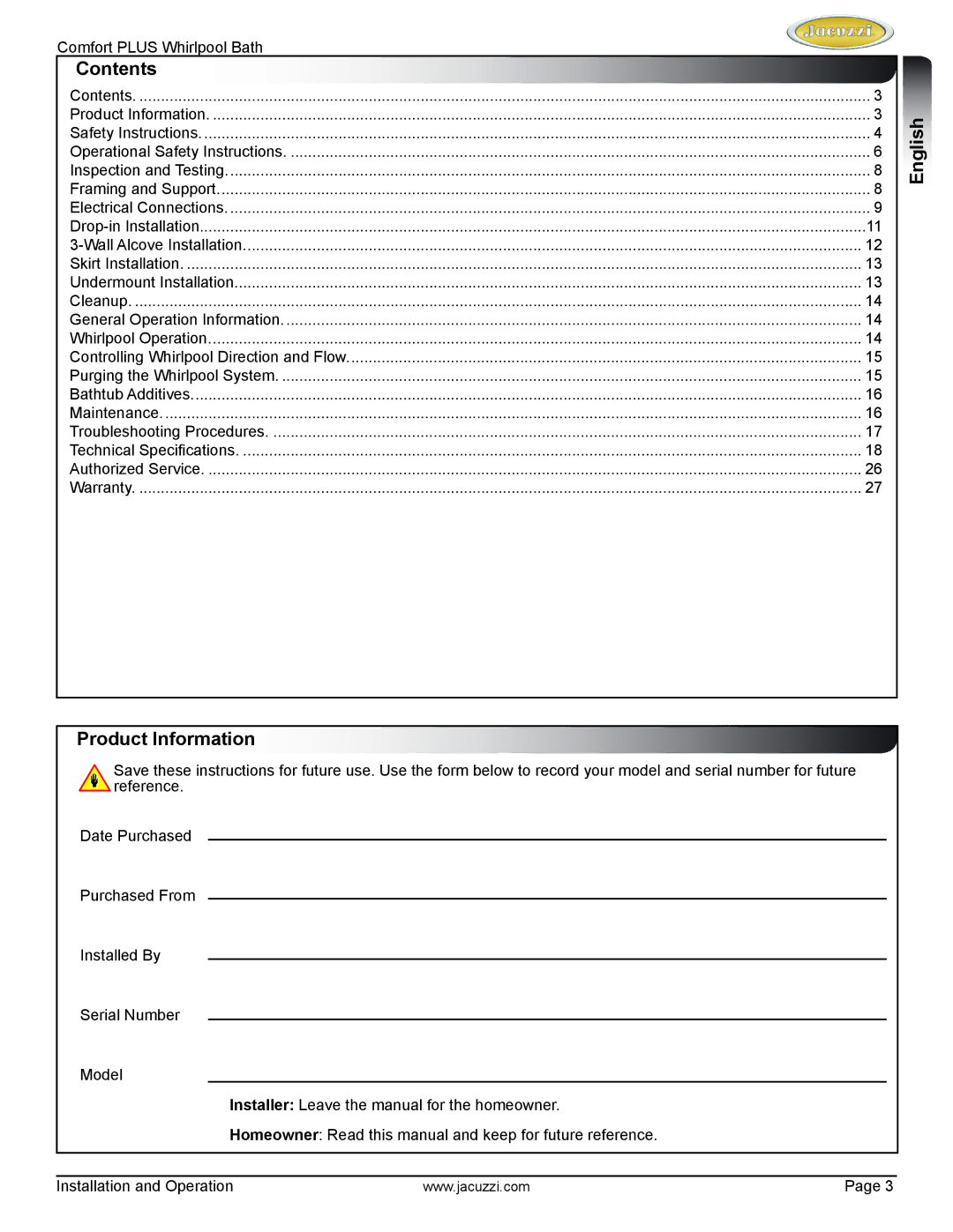 Jacuzzi HE96000 manual Contents, English Product Information 