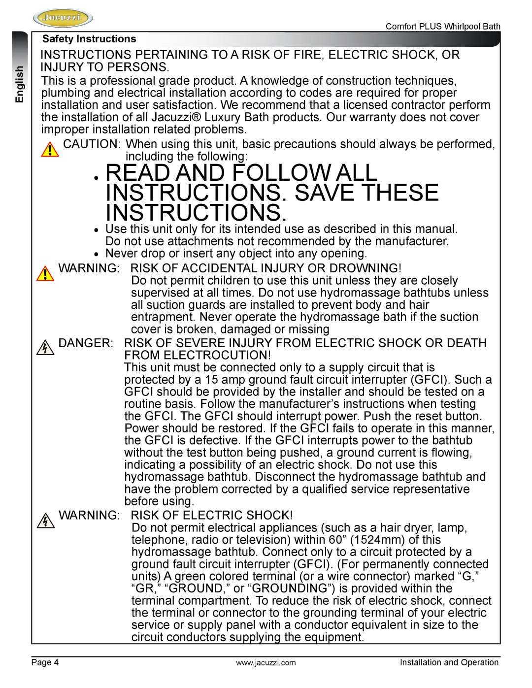 Jacuzzi HE96000 manual Read and Follow ALL INSTRUCTIONS. Save These Instructions, Safety Instructions 