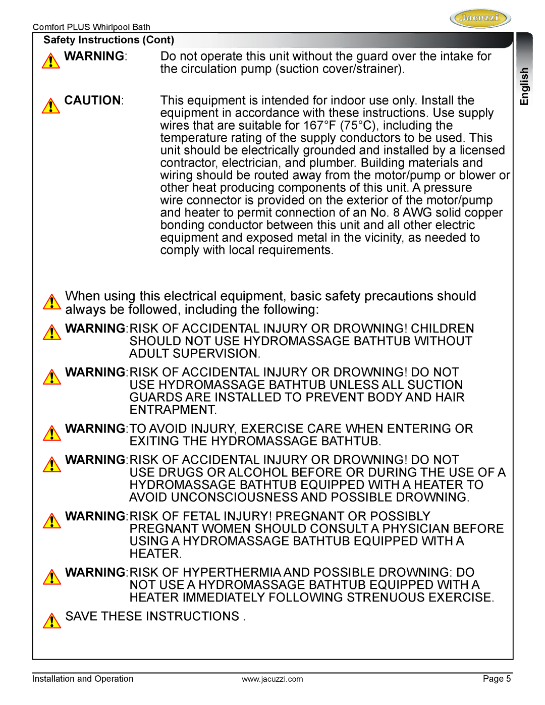 Jacuzzi HE96000 manual Safety Instructions 