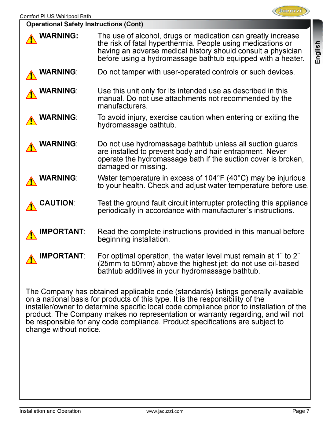 Jacuzzi HE96000 manual Operational Safety Instructions 