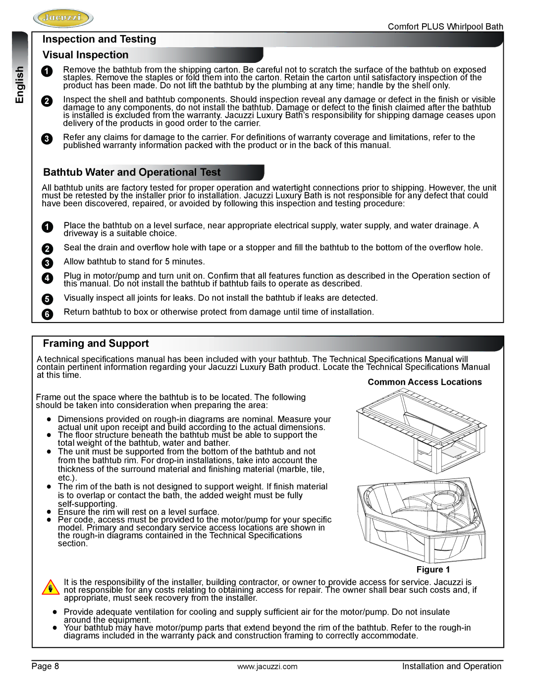 Jacuzzi HE96000 manual Inspection and Testing Visual Inspection, Bathtub Water and Operational Test, Framing and Support 