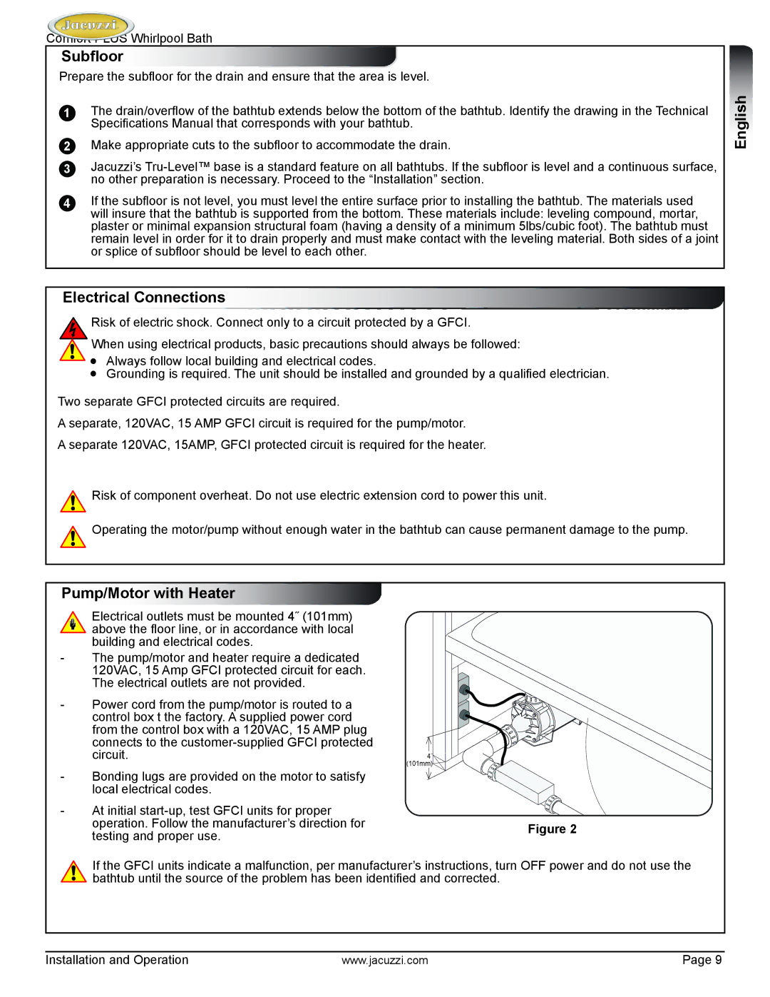 Jacuzzi HE96000 manual Subfloor, English Electrical Connections, Pump/Motor with Heater 