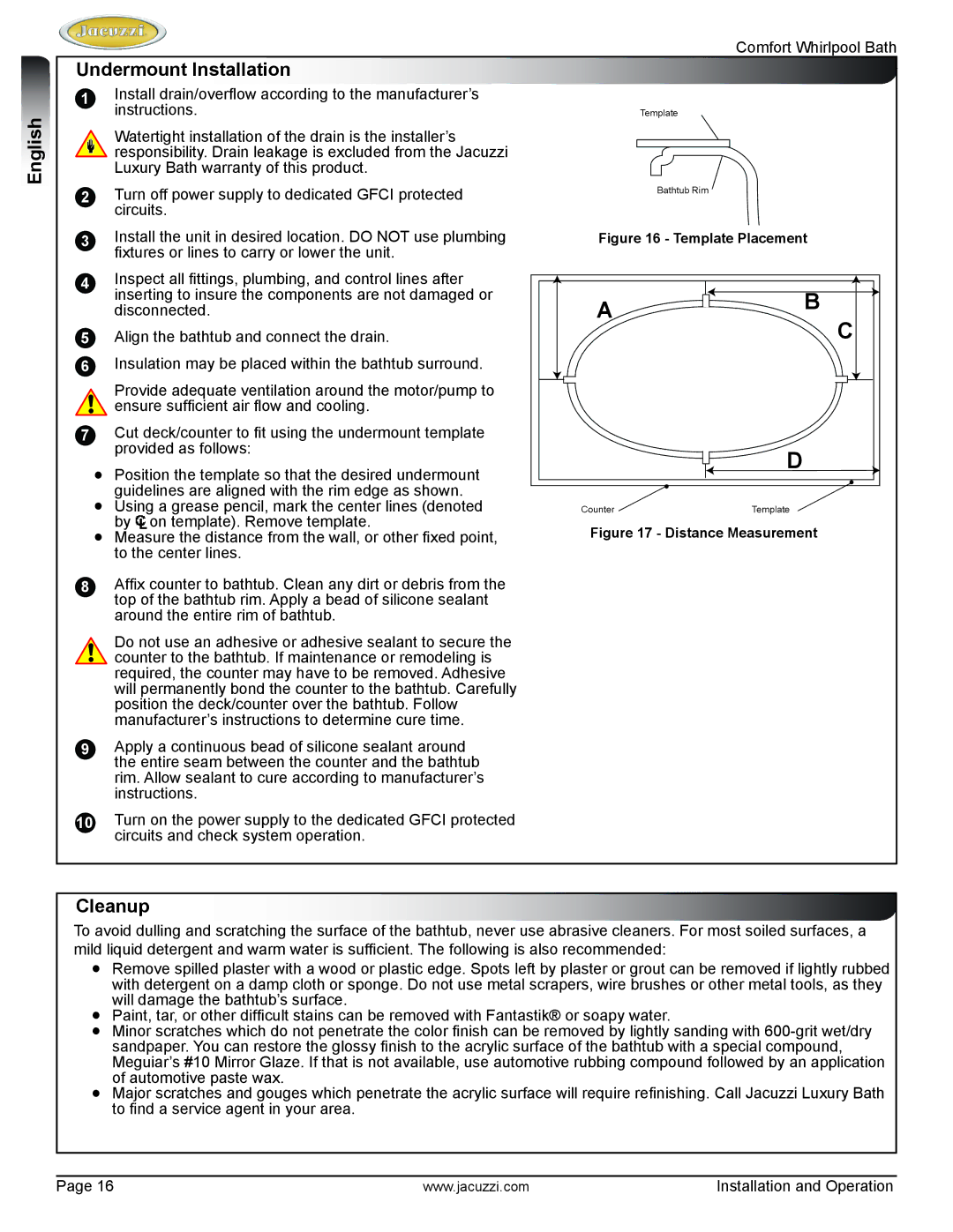 Jacuzzi HE97000 manual Undermount Installation English, Cleanup 