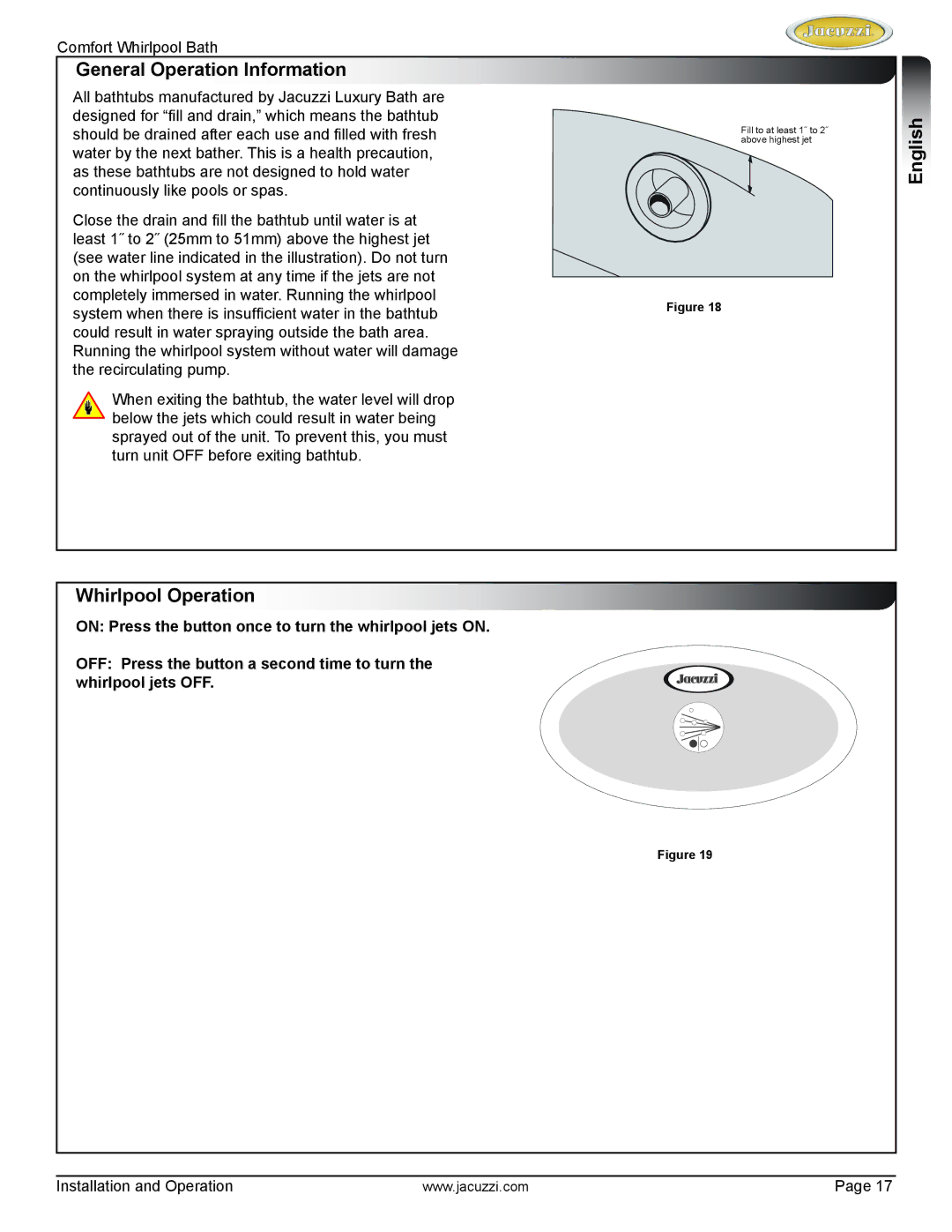 Jacuzzi HE97000 manual General Operation Information, English Whirlpool Operation 