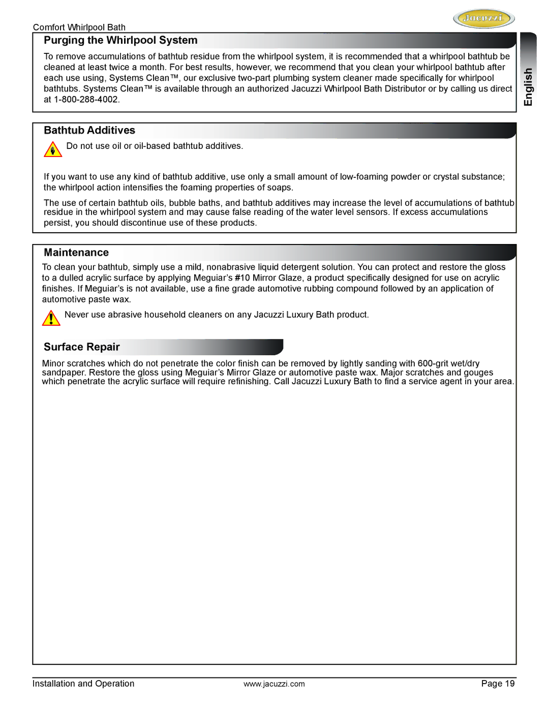 Jacuzzi HE97000 manual Purging the Whirlpool System, Bathtub Additives, English Maintenance, Surface Repair 