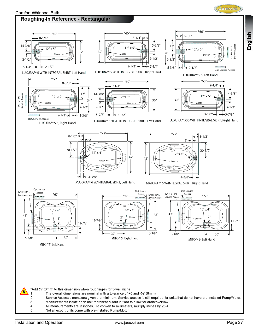 Jacuzzi HE97000 manual Roughing-In Reference Rectangular 