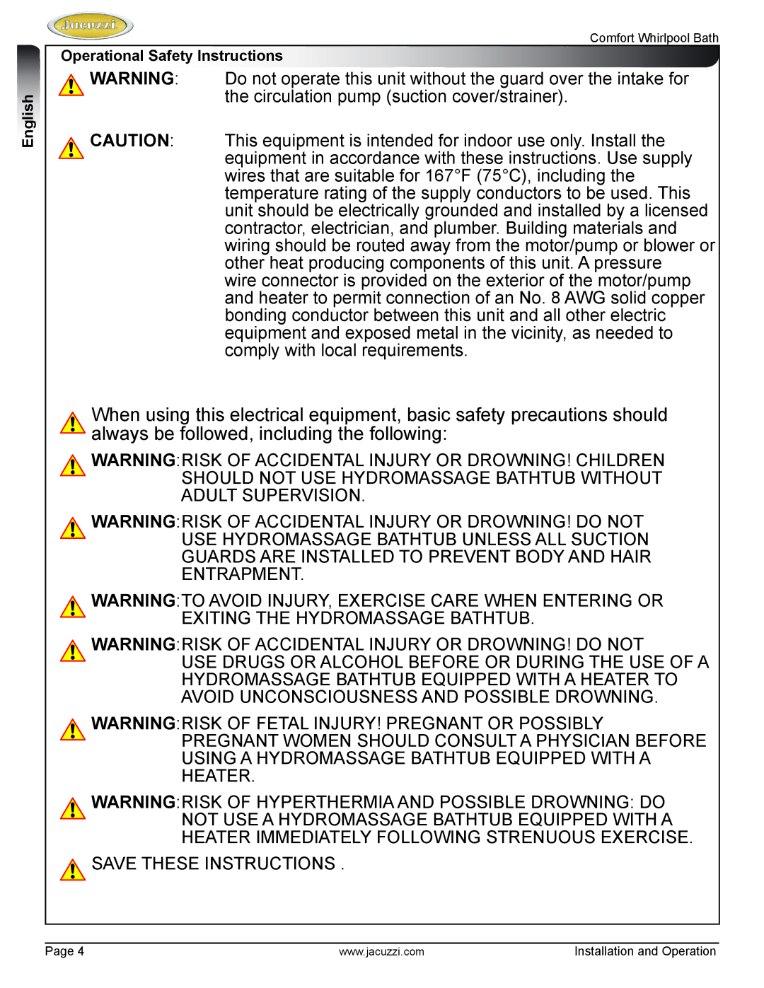 Jacuzzi HE97000 manual Operational Safety Instructions 