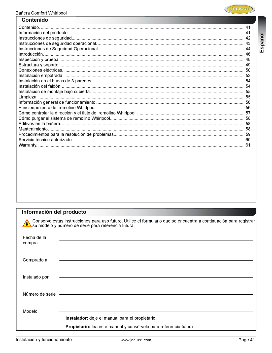Jacuzzi HE97000 manual Contenido, NglishEspañol Información del producto 