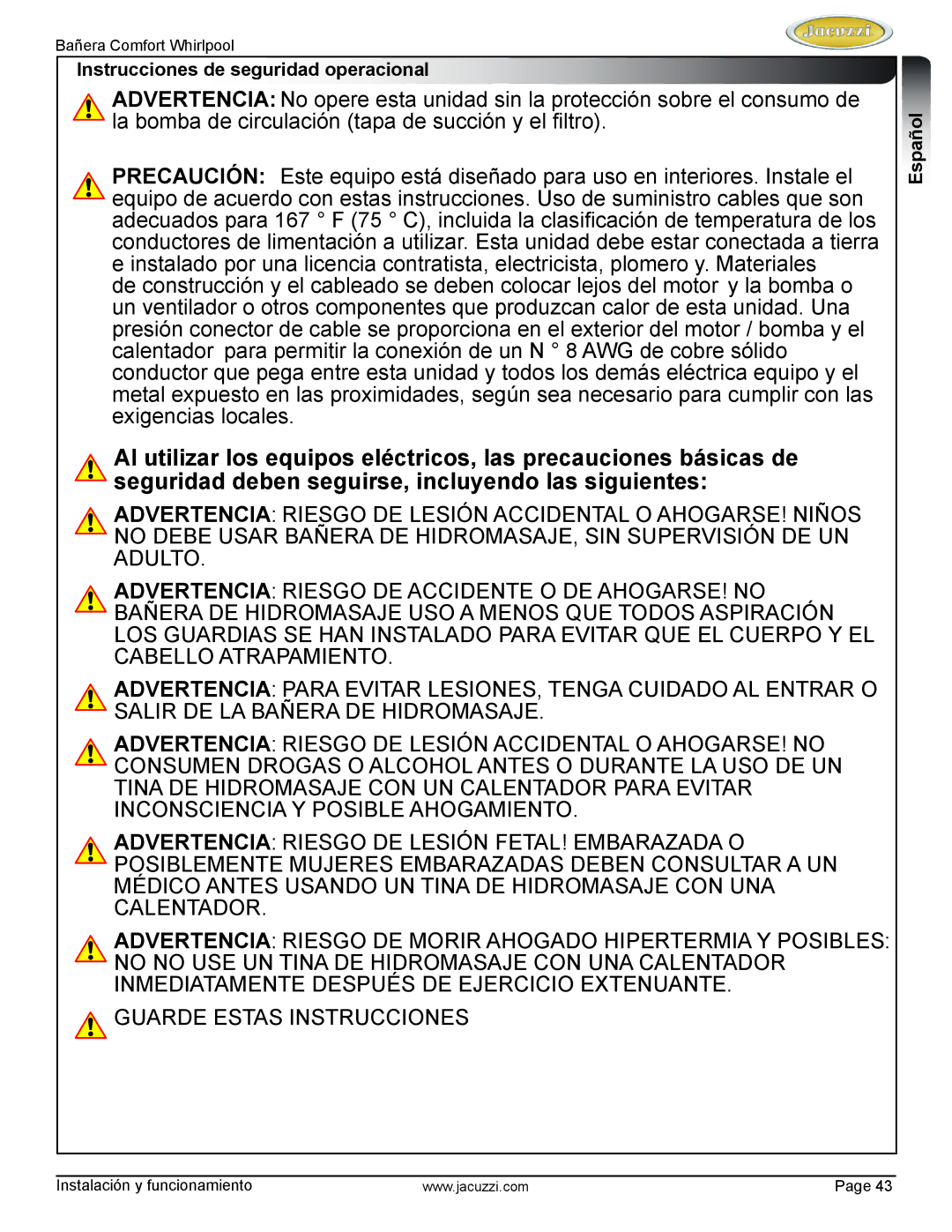 Jacuzzi HE97000 manual Guarde Estas Instrucciones, Instrucciones de seguridad operacional 