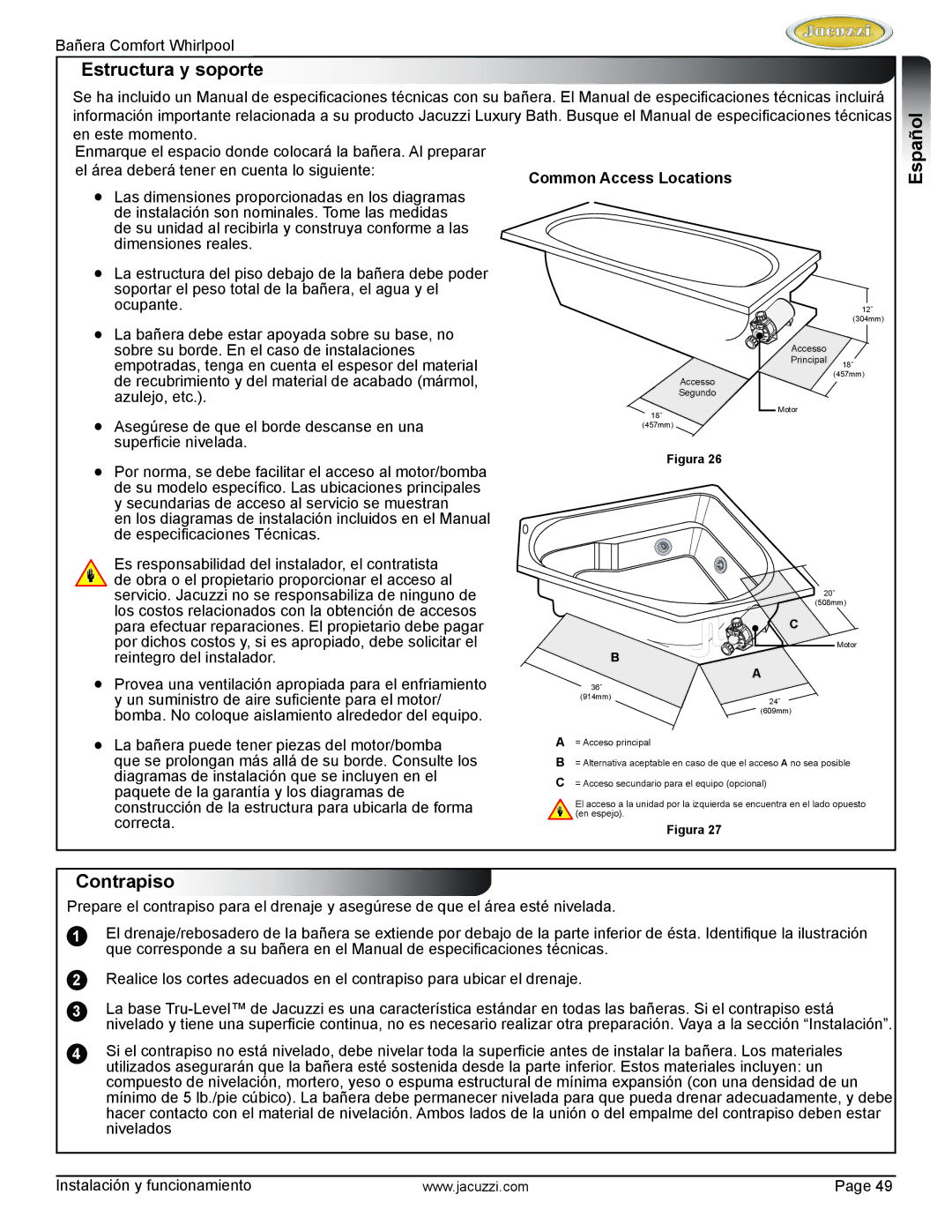 Jacuzzi HE97000 manual Estructura y soporte, Españolnglish, Contrapiso 