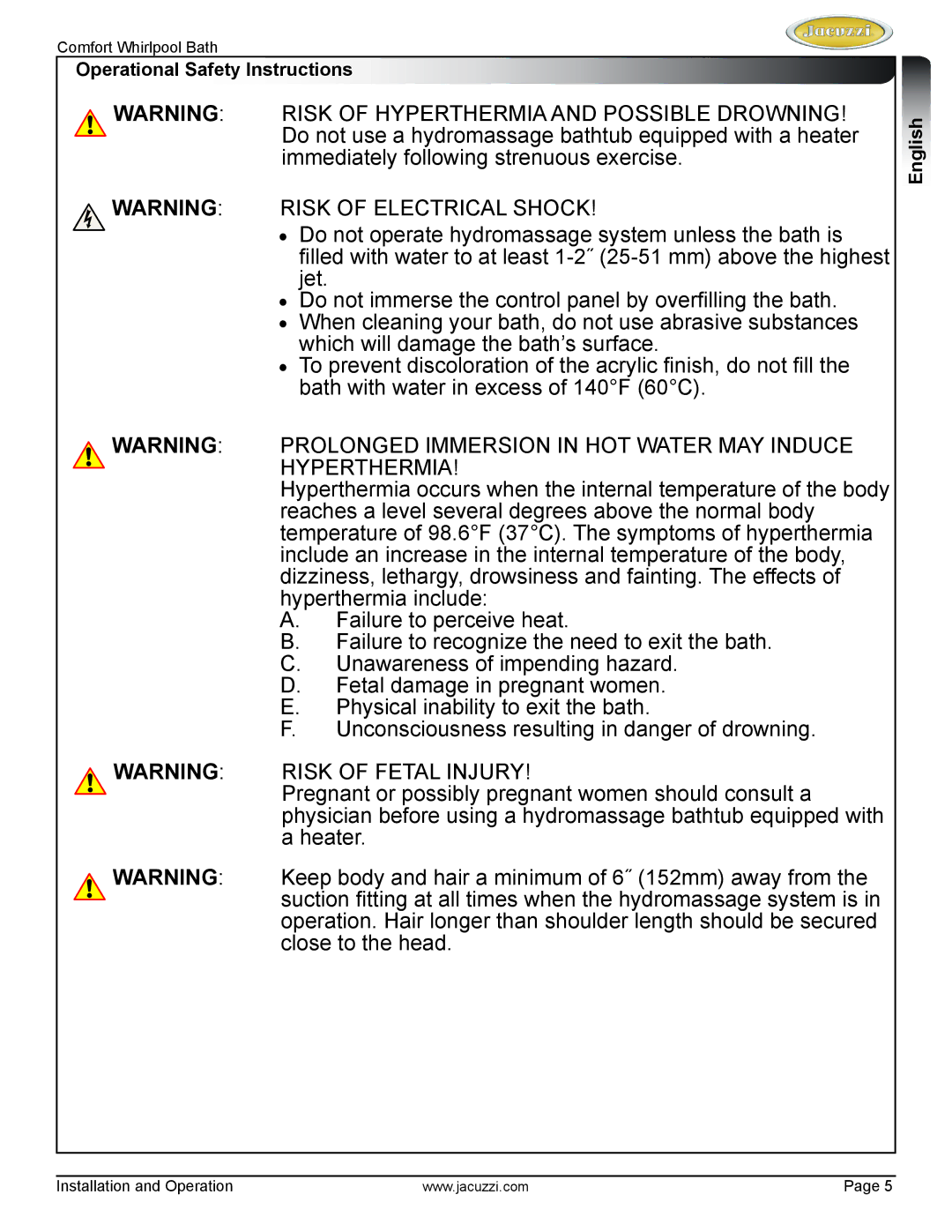 Jacuzzi HE97000 manual Operational Safety Instructions 