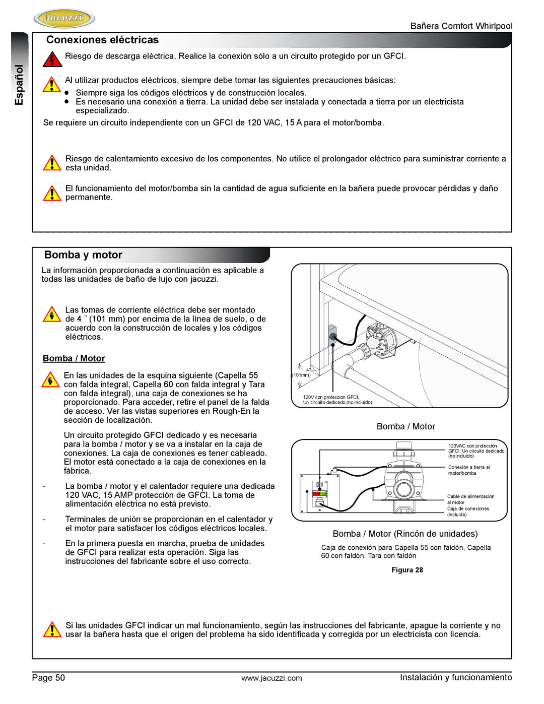 Jacuzzi HE97000 manual Conexiones eléctricas, Bomba y motor, Bomba / Motor 