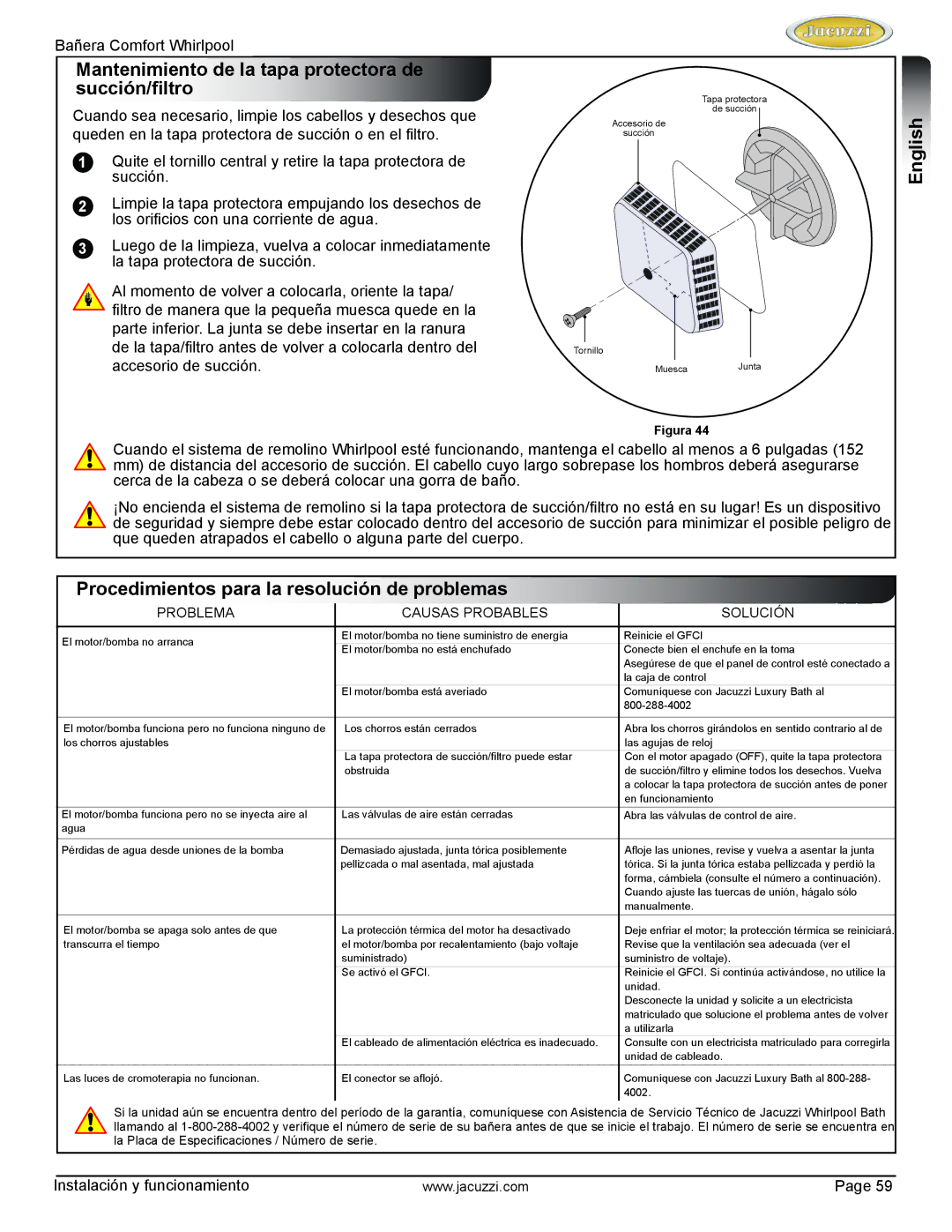 Jacuzzi HE97000 Mantenimiento de la tapa protectora de succión/filtro, Procedimientos para la resolución de problemas 