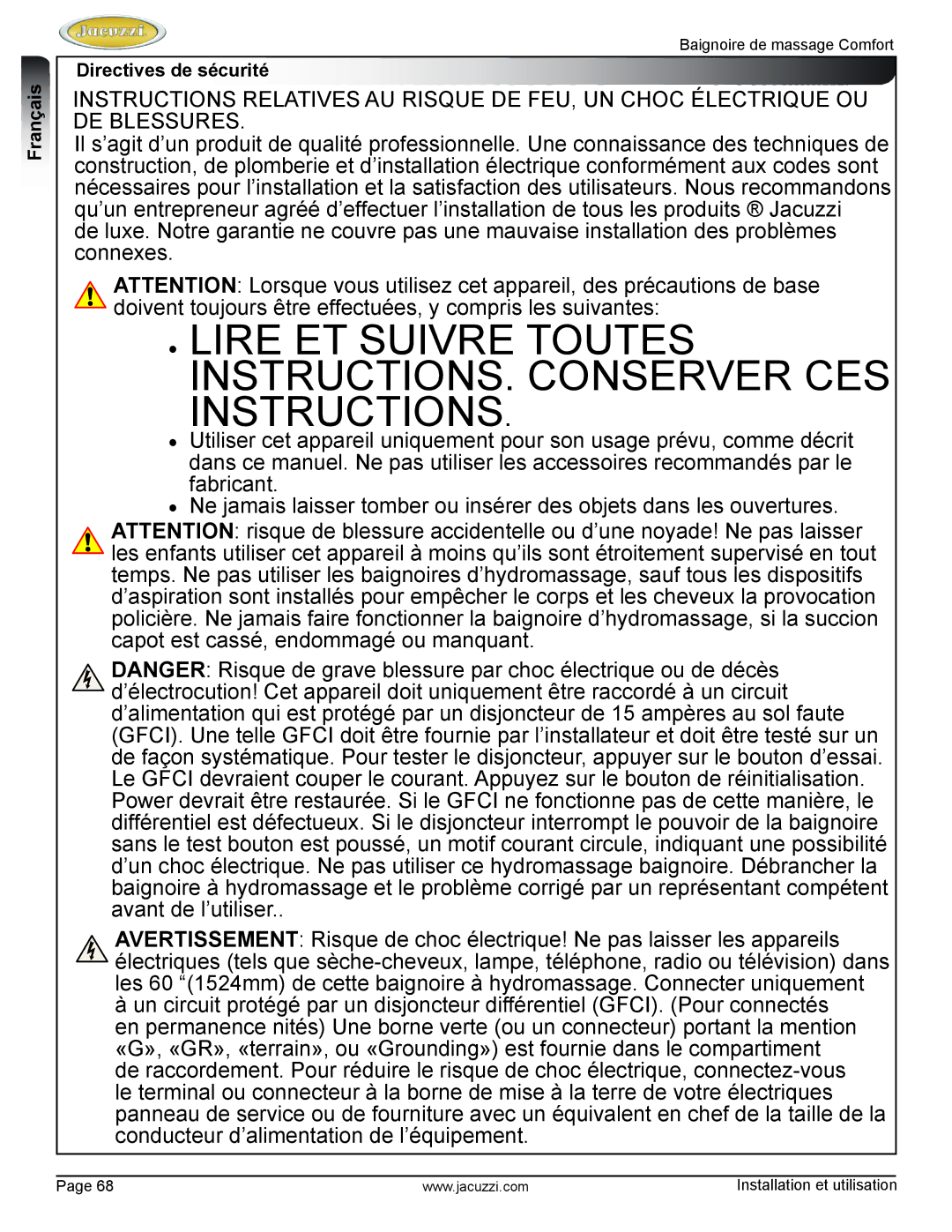 Jacuzzi HE97000 manual EnglishFrançais, Directives de sécurité 