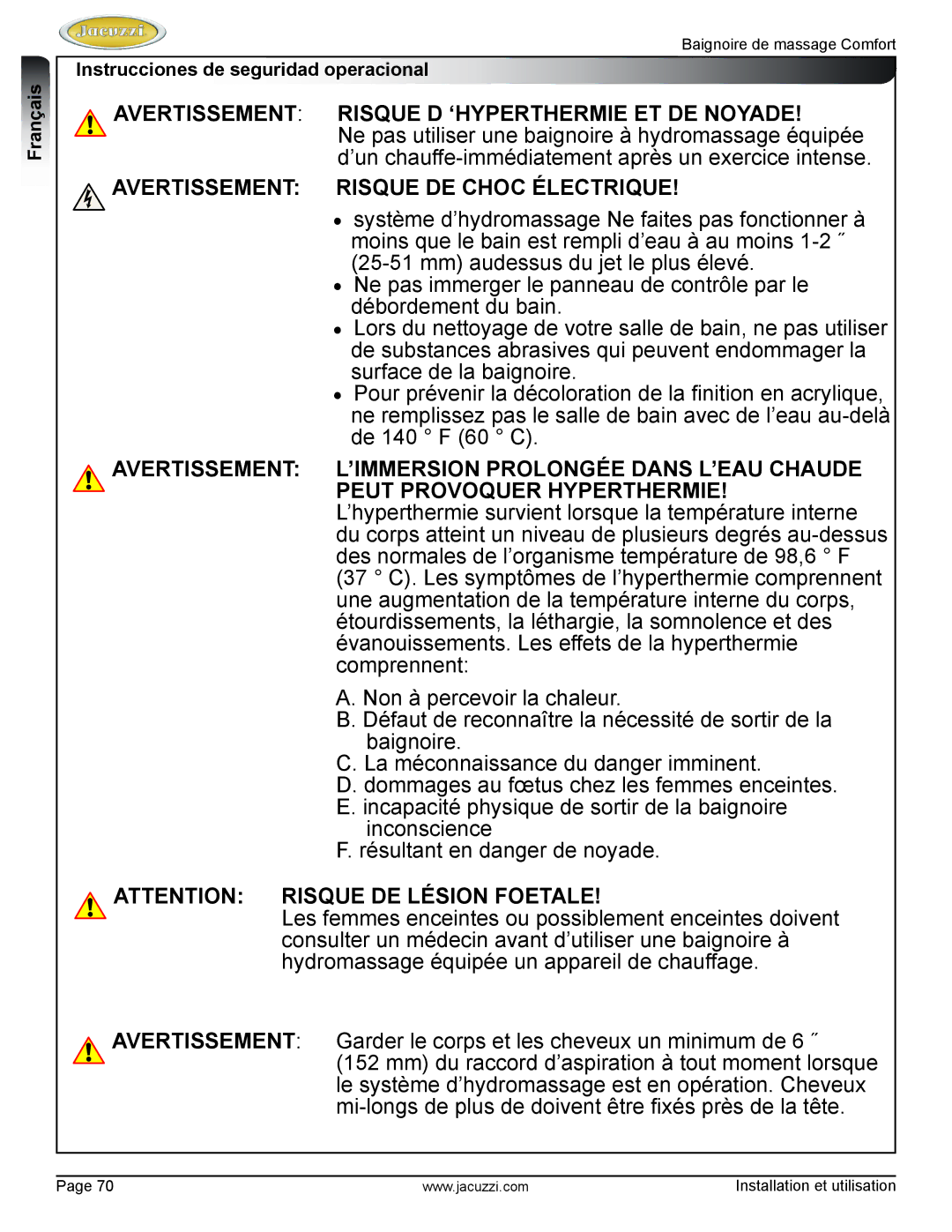 Jacuzzi HE97000 manual Avertissement Risque D ‘HYPERTHERMIE ET DE Noyade 