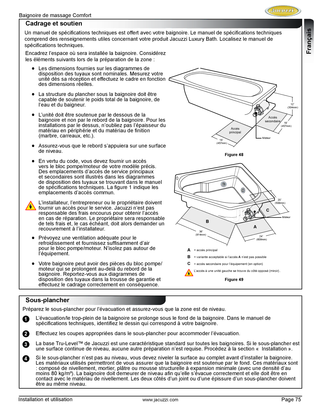 Jacuzzi HE97000 manual Cadrage et soutien, EnglishFrançais Sous-plancher 