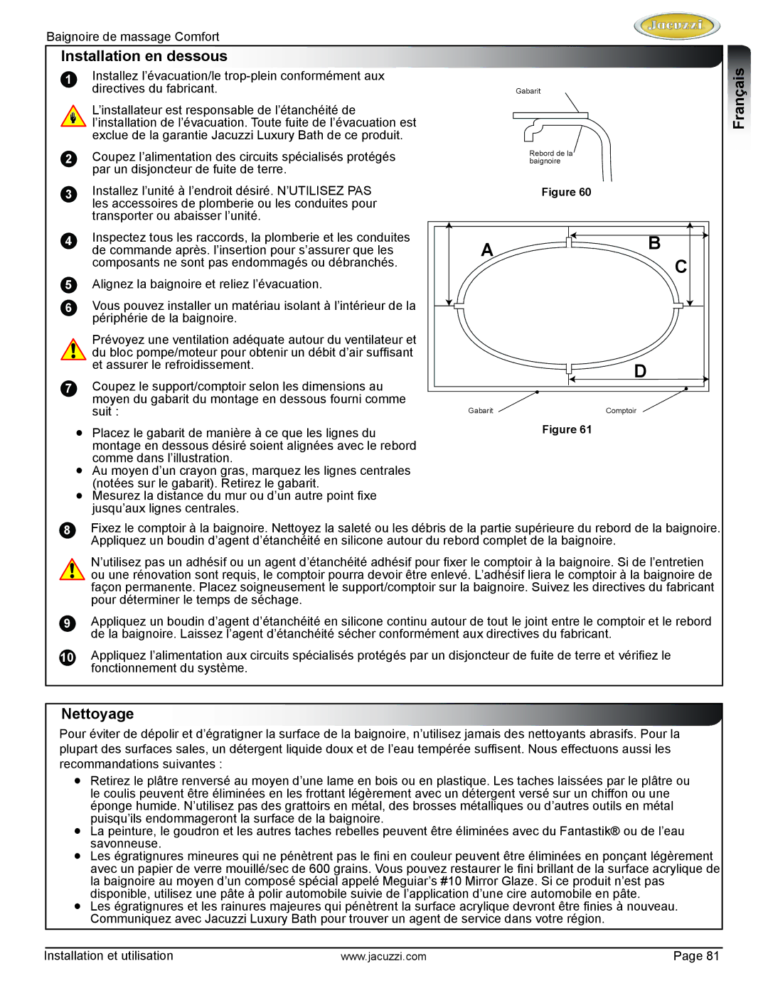 Jacuzzi HE97000 manual Installation en dessous, EnglishFrançais Nettoyage 