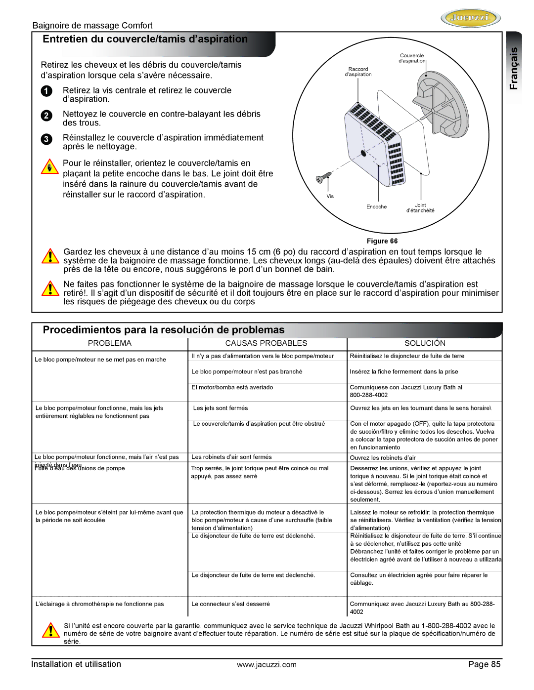 Jacuzzi HE97000 manual Entretien du couvercle/tamis d’aspiration, Procedimientos para la resolución de problemas 