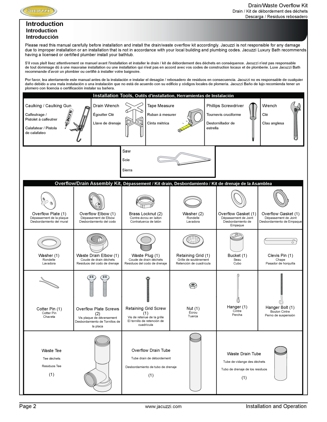 Jacuzzi HJ78000 installation instructions Introduction, Drain/Waste Overflow Kit, Page, Installation and Operation 