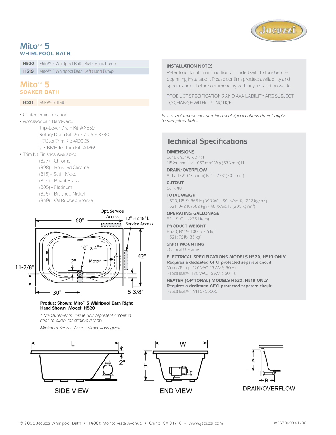 Jacuzzi HS19, HS20, HS21, H520, H521 dimensions 10 x, 11-7/8 