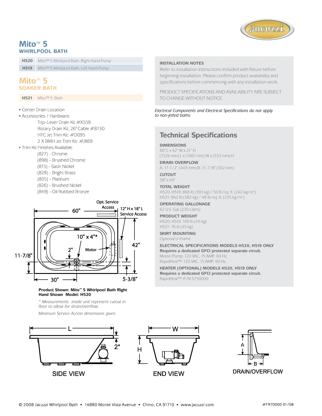 Jacuzzi HS19, HS20 Mito, Technical Specifications, L Side View, End View, 11-7/8, 5-3/8, Drain/Overflow, Whirlpool Bath 