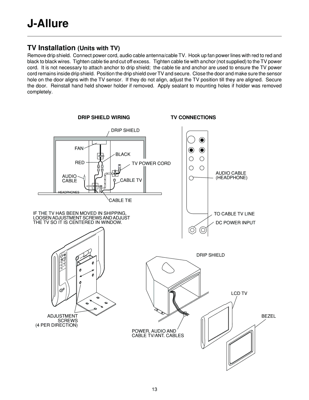 Jacuzzi J-ALLURELuxury Bathing and Entertainment System TV Installation Units with TV, Drip Shield Wiring TV Connections 