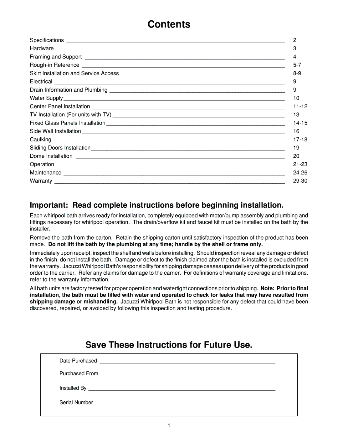 Jacuzzi J-ALLURELuxury Bathing and Entertainment System manual Contents 