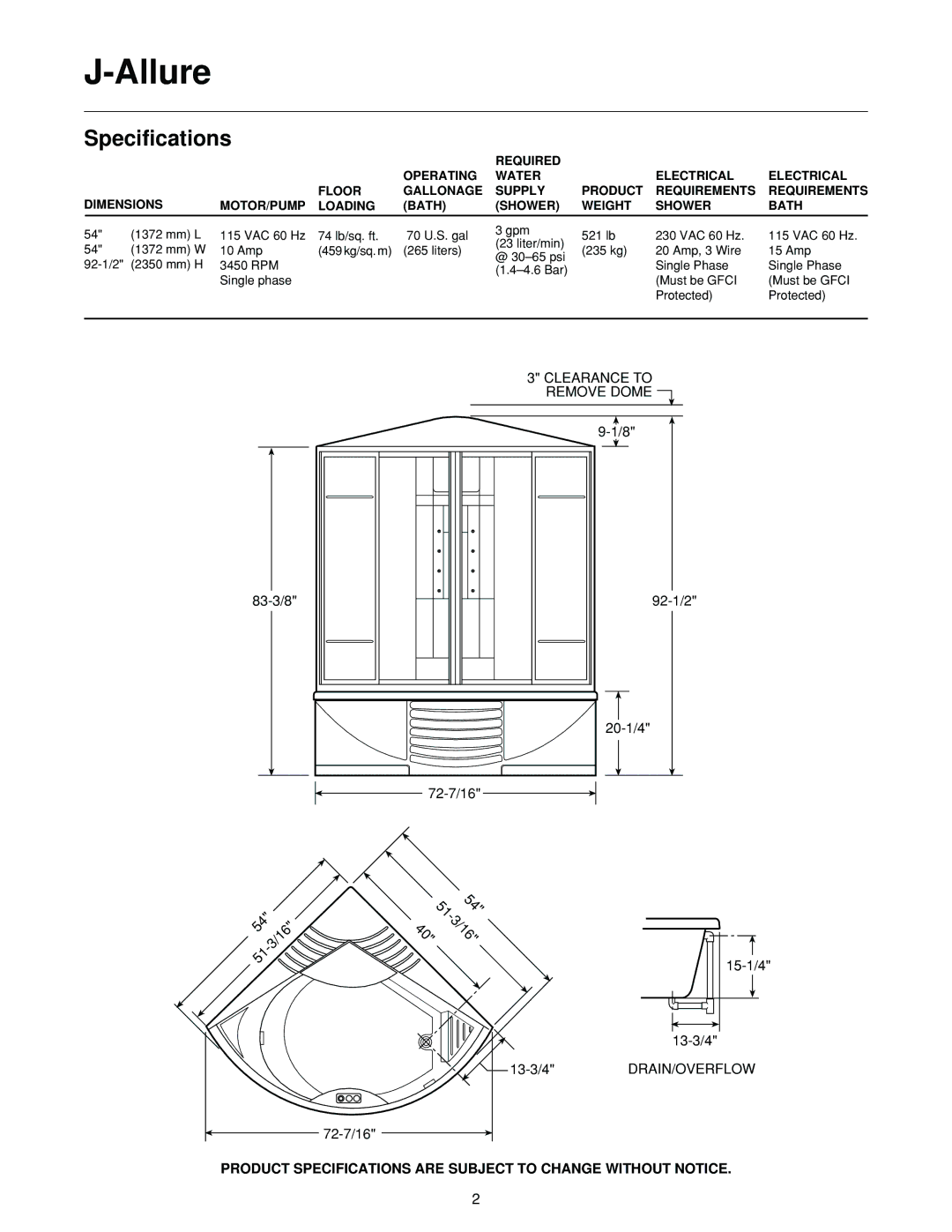 Jacuzzi J-ALLURELuxury Bathing and Entertainment System manual Allure, Specifications 