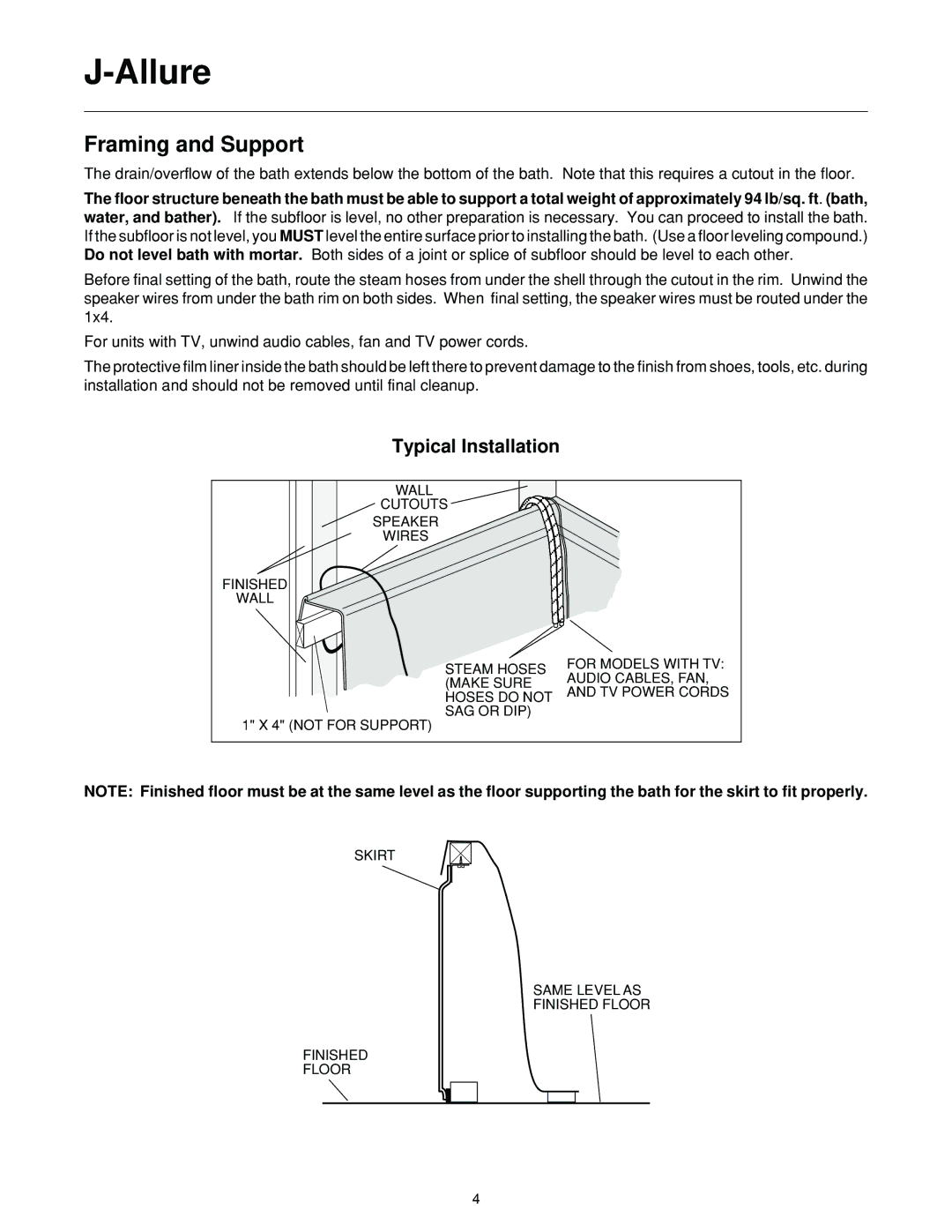 Jacuzzi J-ALLURELuxury Bathing and Entertainment System manual Framing and Support, Typical Installation 