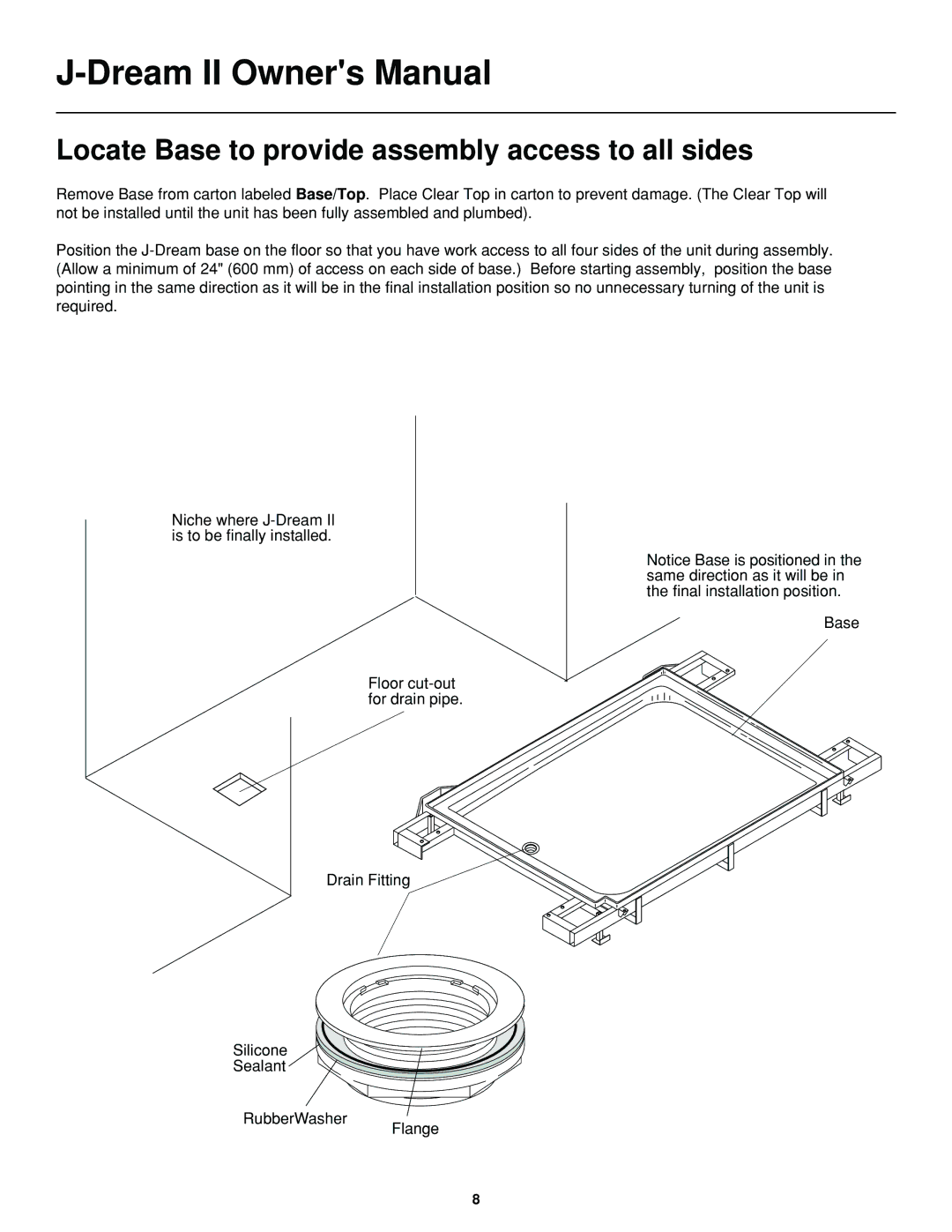 Jacuzzi J-DREAM II owner manual Locate Base to provide assembly access to all sides 