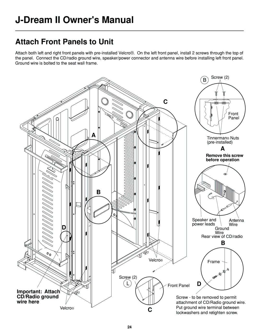 Jacuzzi J-DREAM II owner manual Attach Front Panels to Unit, Important Attach 