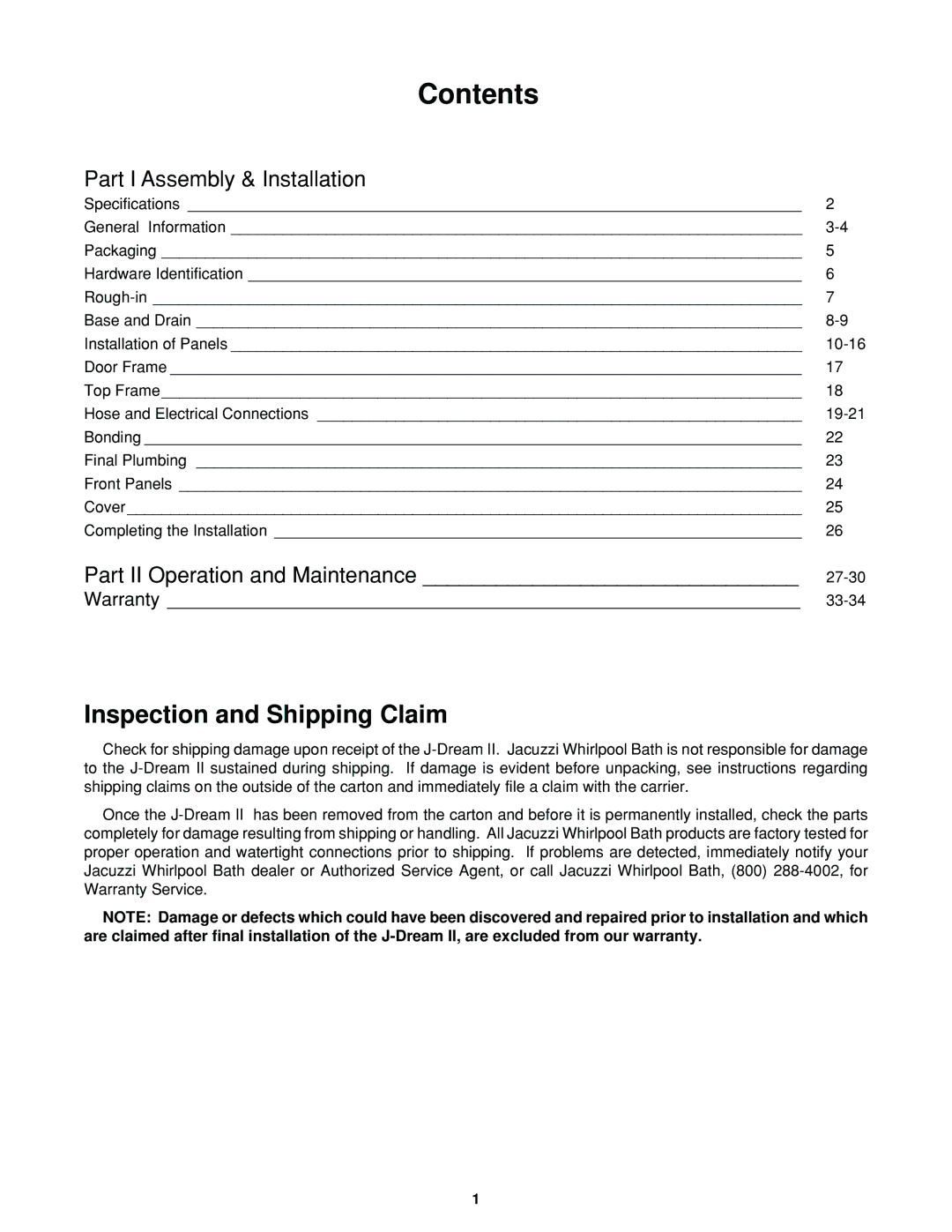 Jacuzzi J-DREAM II owner manual Contents 