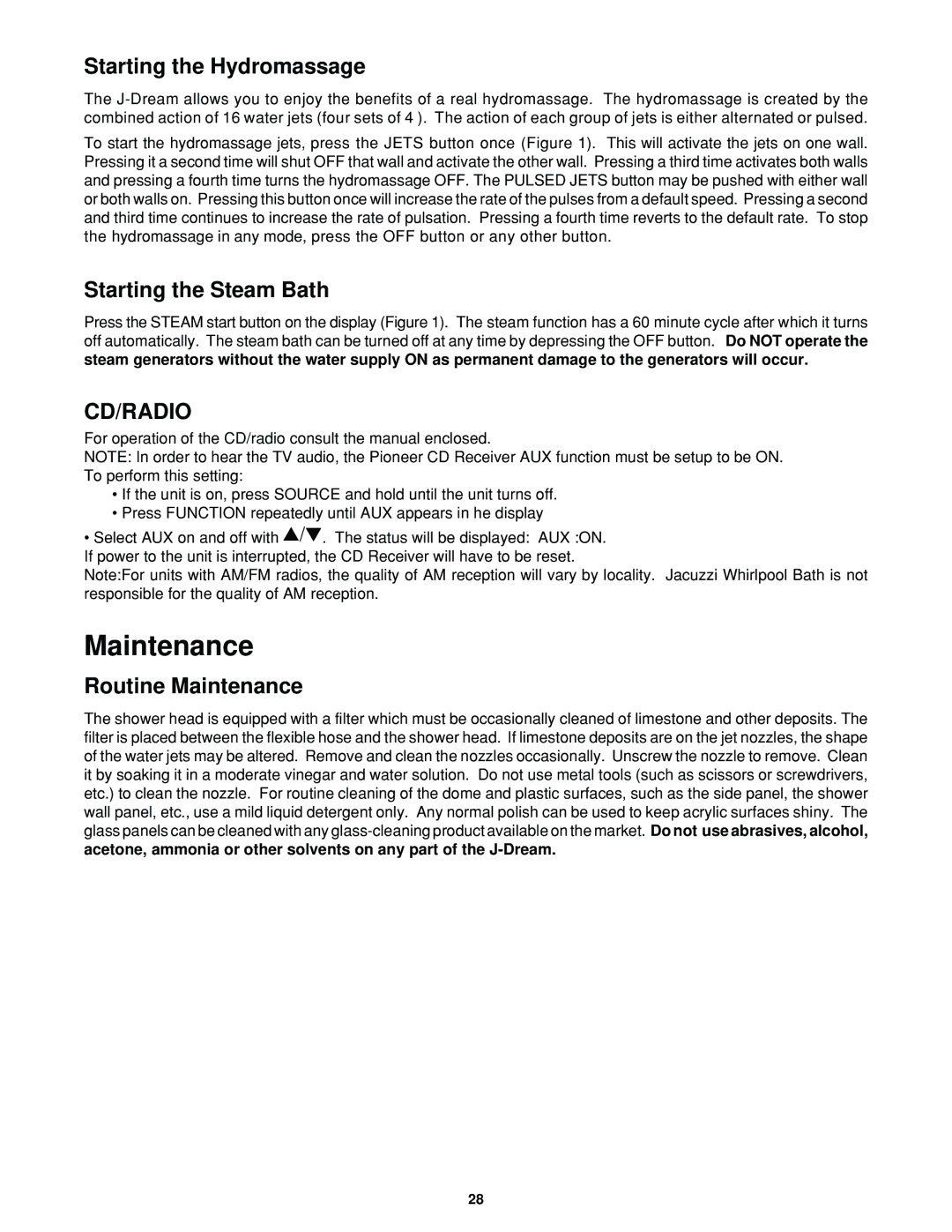 Jacuzzi J-DREAM II owner manual Maintenance, Starting the Hydromassage 