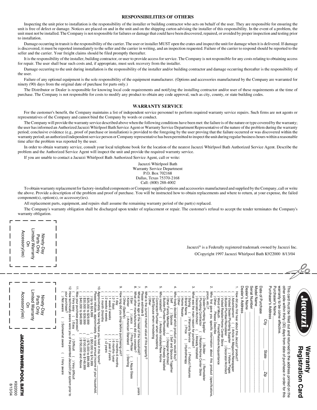 Jacuzzi J-DREAM II owner manual Responsibilities of Others 