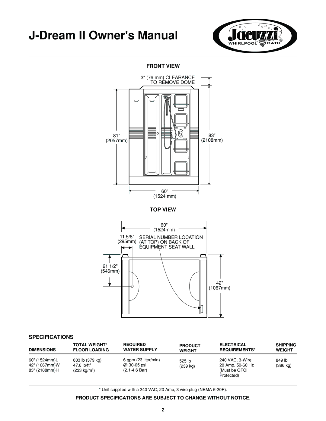 Jacuzzi J-DREAM II owner manual Front View 