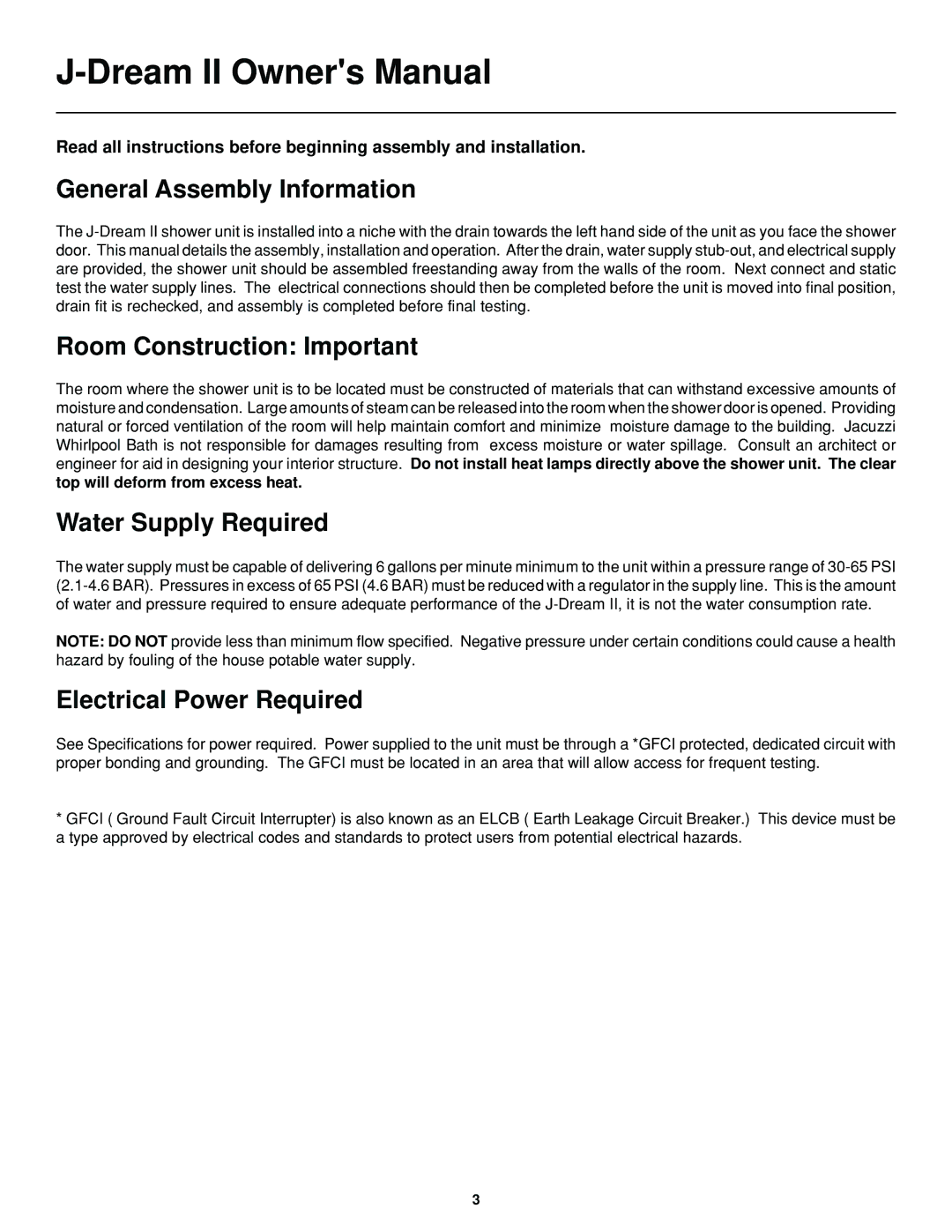 Jacuzzi J-DREAM II owner manual General Assembly Information 