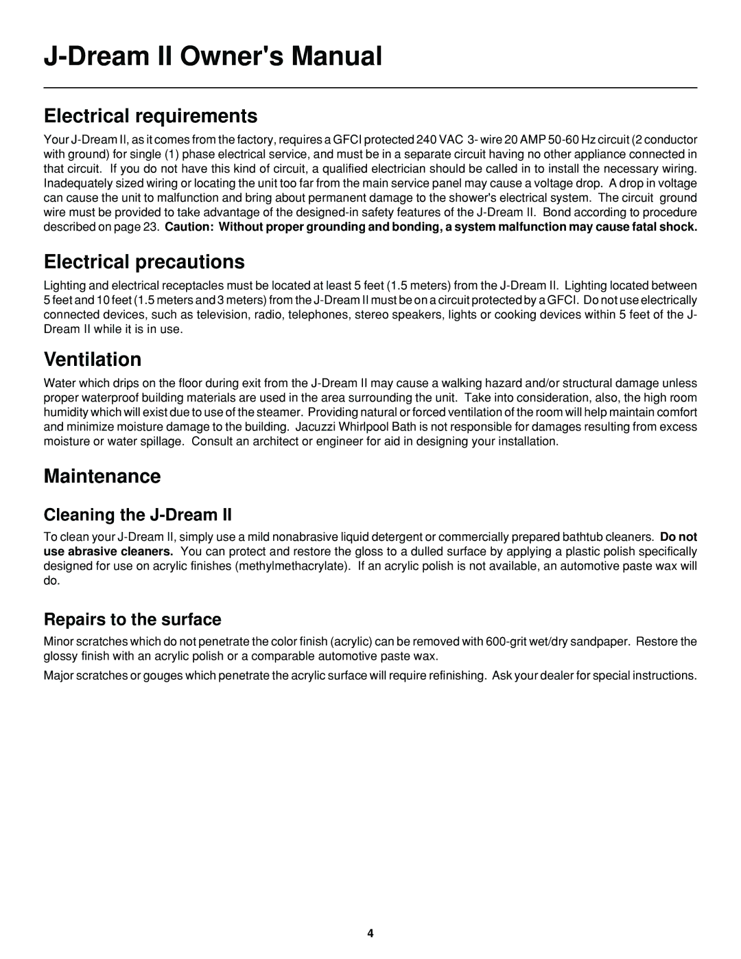 Jacuzzi J-DREAM II owner manual Electrical requirements 