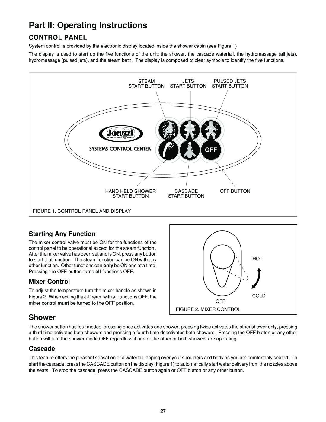 Jacuzzi J-DREAM II Part II Operating Instructions, Shower, Control Panel, Starting Any Function, Mixer Control, Cascade 