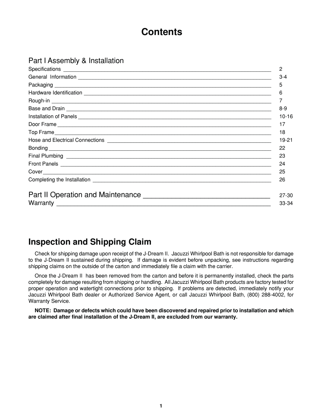 Jacuzzi J-DREAM II owner manual Contents, Inspection and Shipping Claim, Part I Assembly & Installation 