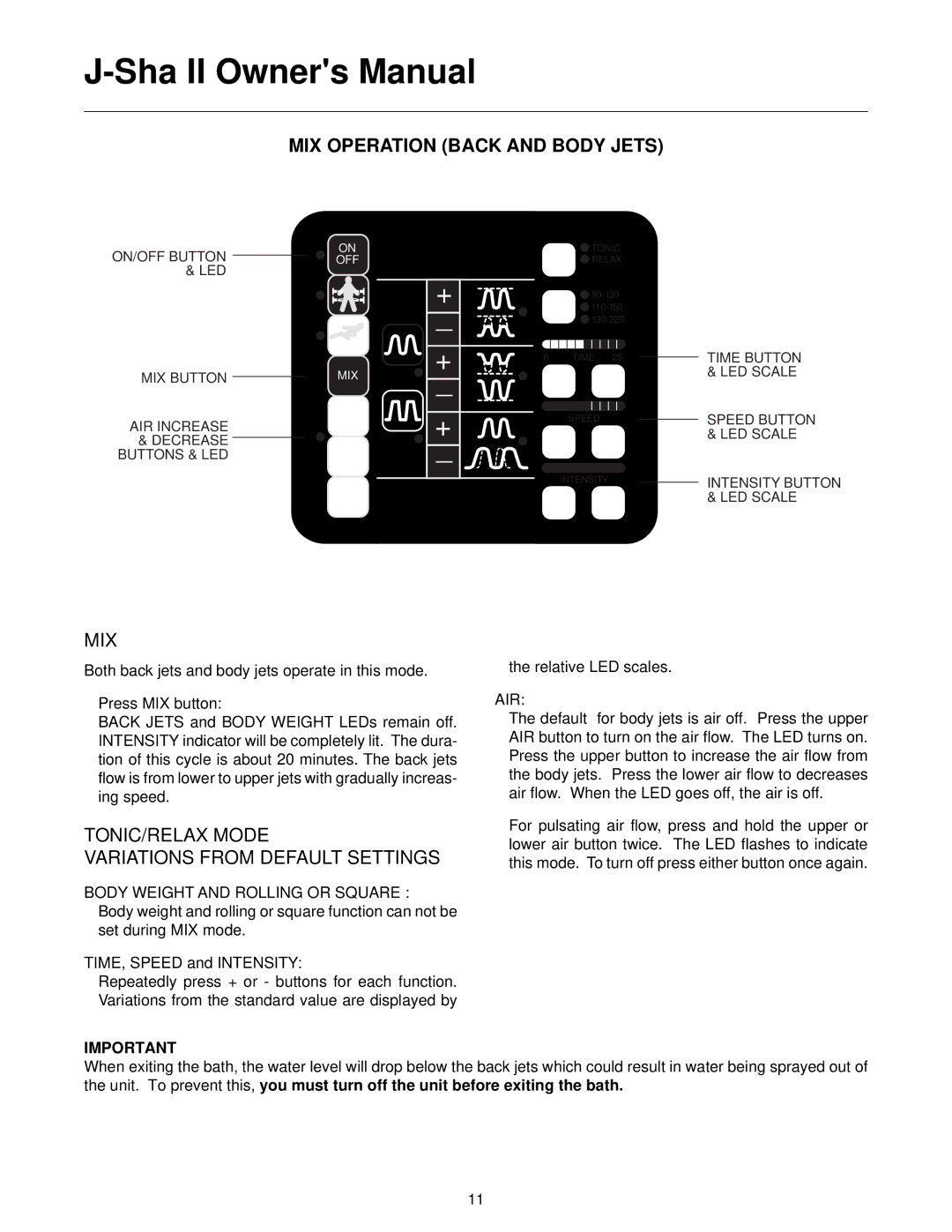 Jacuzzi J-SHA manual MIX Operation Back and Body Jets, Body Weight and Rolling or Square 