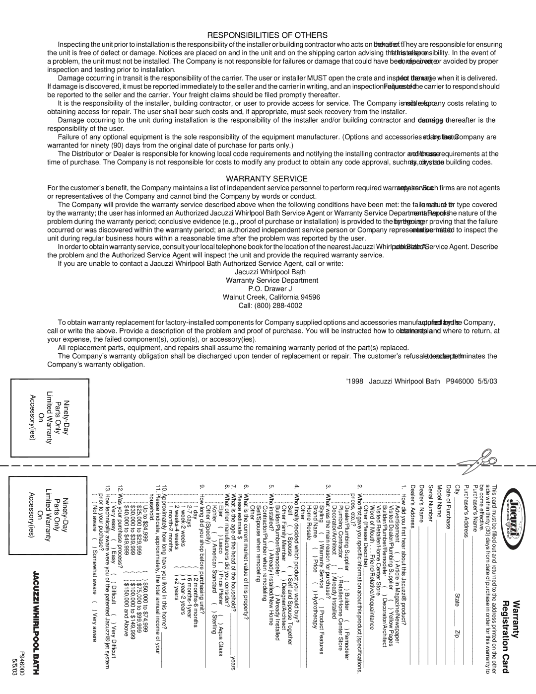 Jacuzzi J-SHA manual Responsibilities of Others 