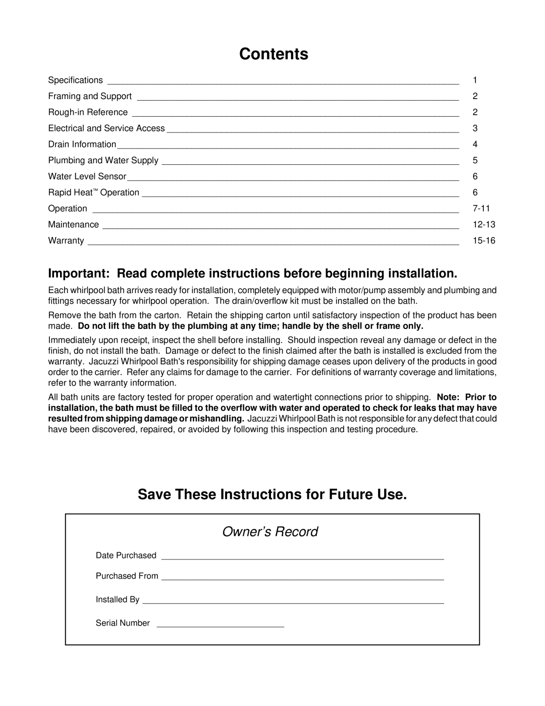 Jacuzzi J-SHA manual Contents 