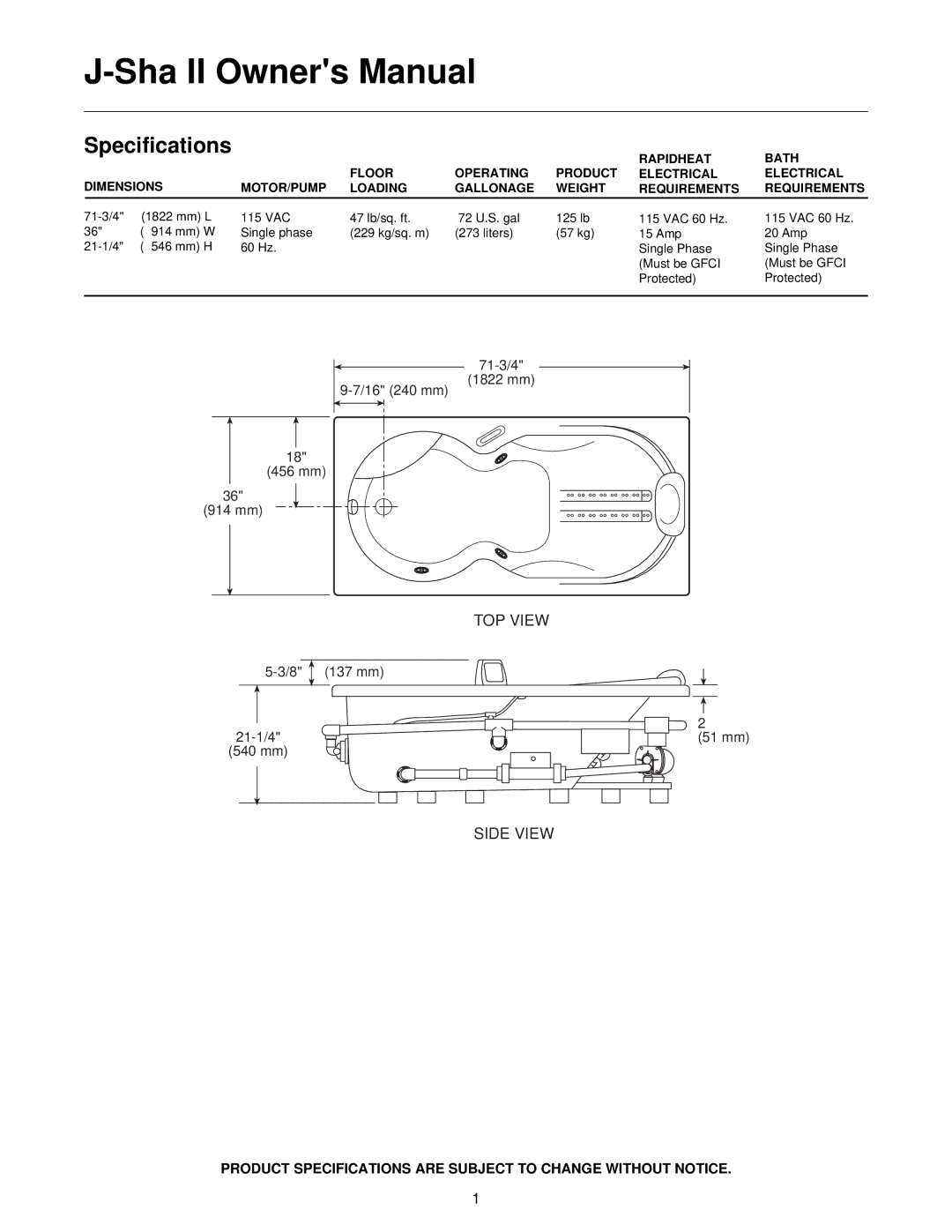 Jacuzzi J-SHA manual Specifications 