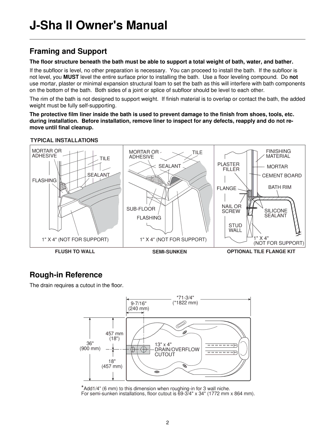 Jacuzzi J-SHA manual Framing and Support, Rough-in Reference 