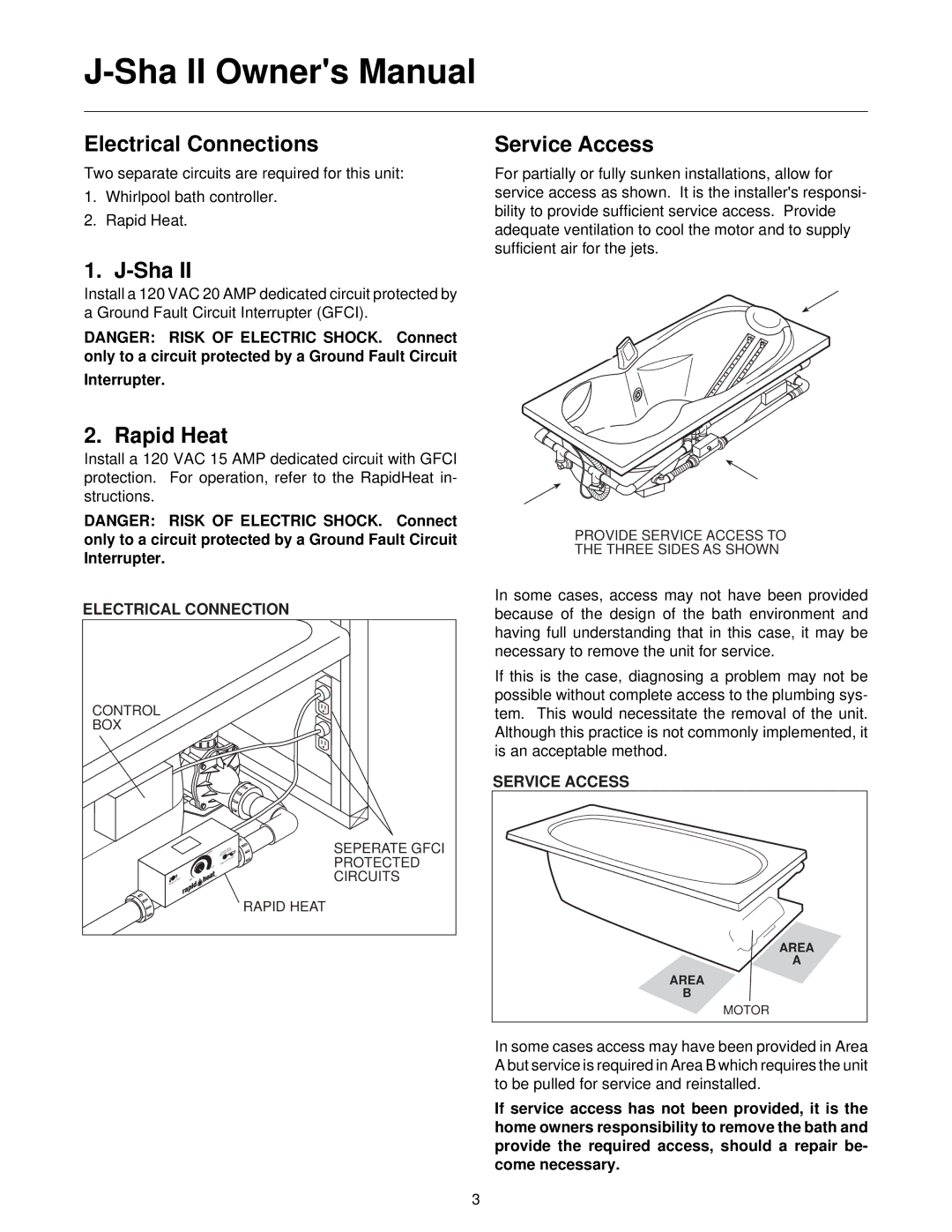 Jacuzzi J-SHA manual Electrical Connections, Sha, Rapid Heat, Service Access 