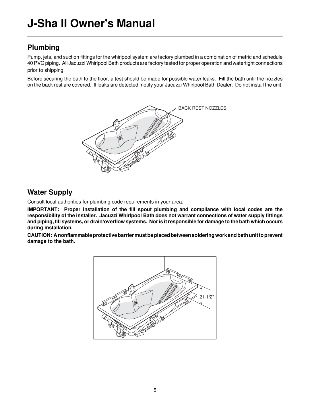 Jacuzzi J-SHA manual Plumbing, Water Supply 